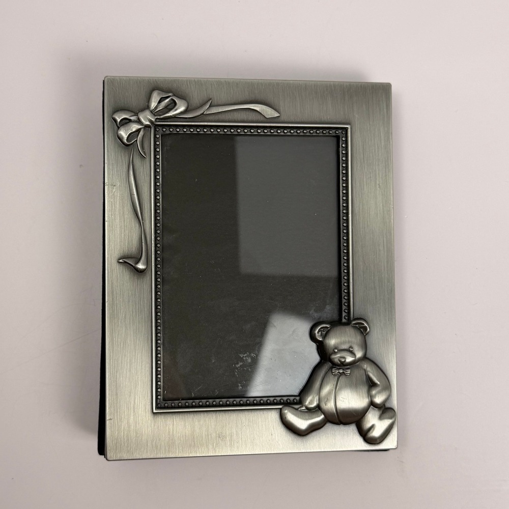 Burnes Vintage Y2K Nursery Decor Photo Album Silver Teddy Bear Pewter Metal